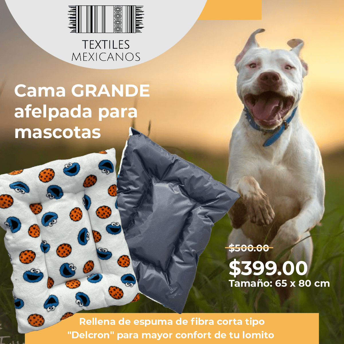 Cama GRANDE afelpada para mascotas Extra comfort Lavable, fresca, ligera y resistente 65 x 80 cm