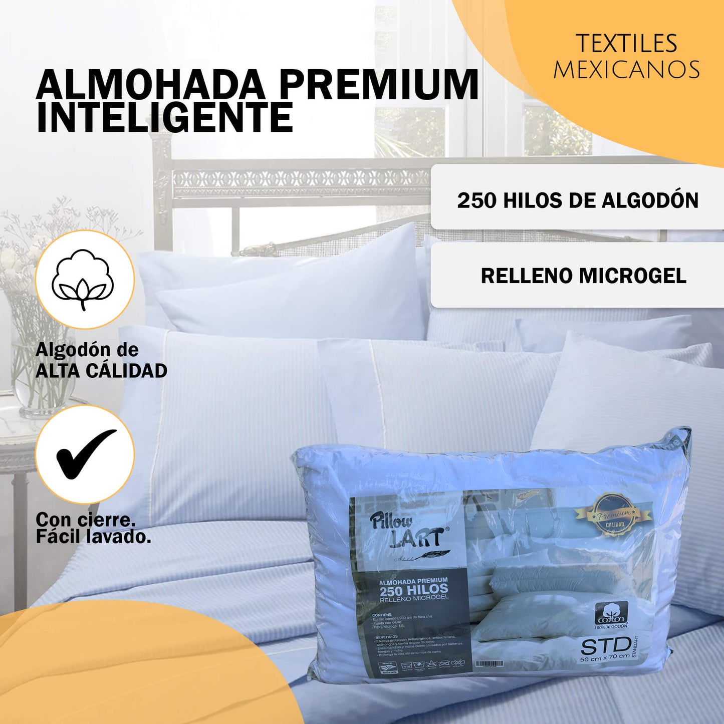 Almohada Premium con relleno de Microgel 250 hilos de algodón STD 50 x 70 cm.