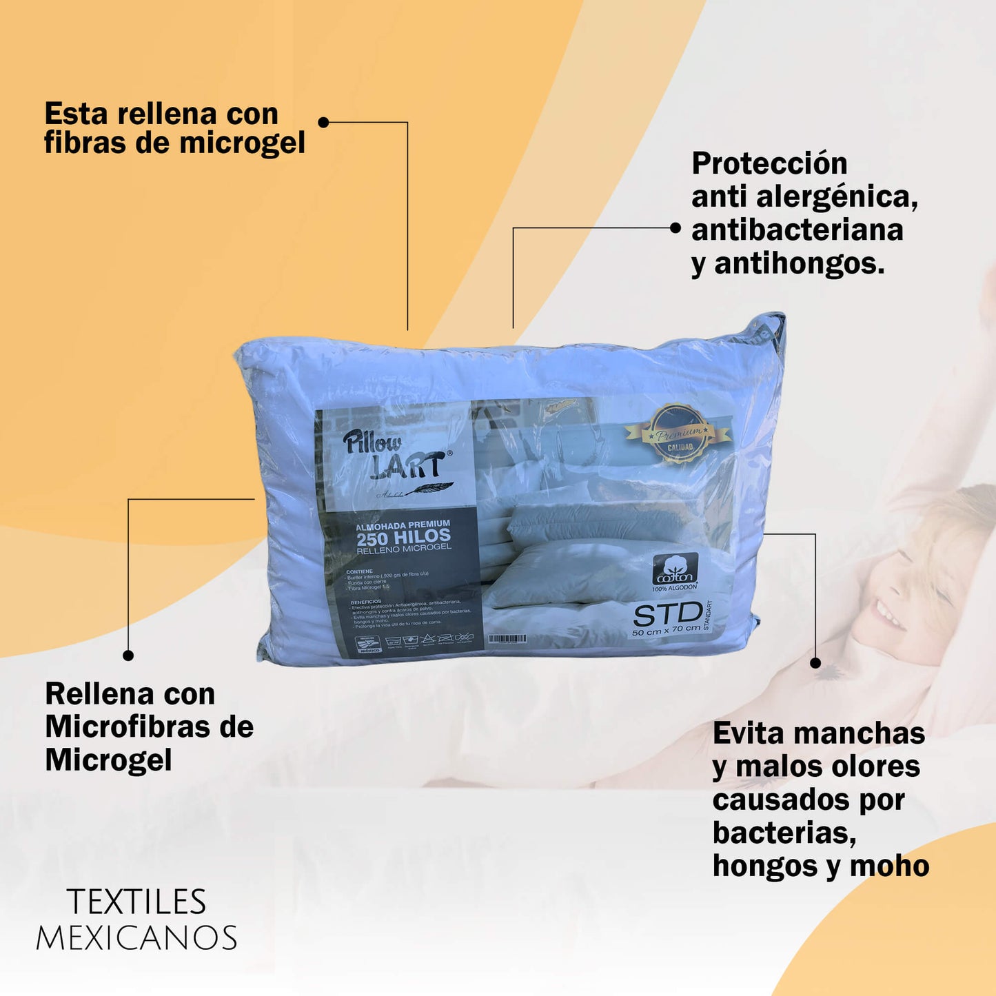 Almohada Premium con relleno de Microgel 250 hilos de algodón STD 50 x 70 cm.