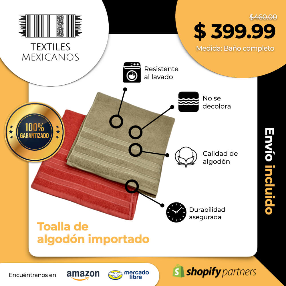 Toalla de algodón importado en medida "baño completo" es súper suave y absorbente, tamaño de .80 cm x 1.50 mts