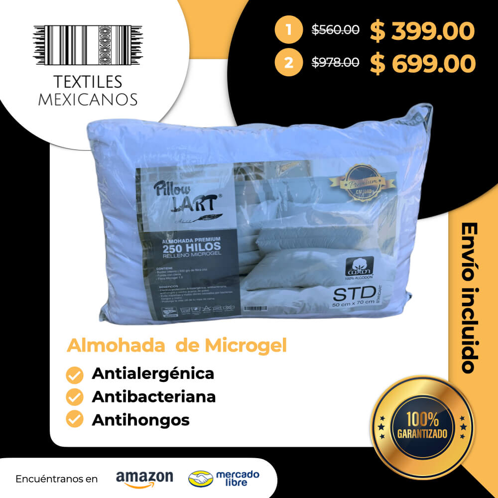 Almohada Premium con relleno de Microgel 250 hilos de algodón STD 50 x 70 cm.