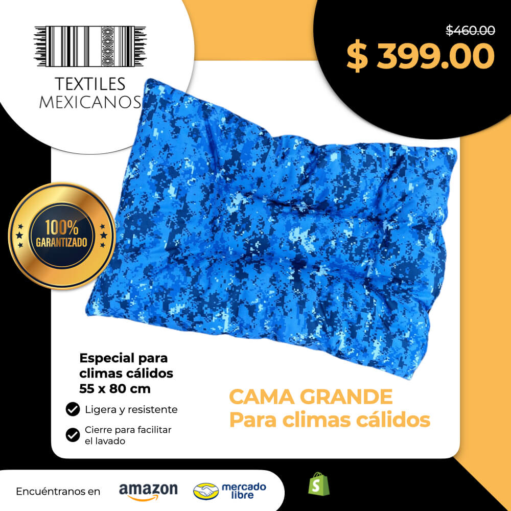 Cama GRANDE Fresca, Para Climas Cálidos, elaborada con tela tipo Loneta arriba y con tela impermeable abajo, para todo tipo de mascotas, Extra comfort Lavable, ligera y resistente (60 x 80 cm)