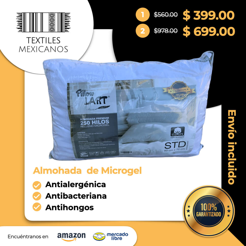 Almohada Premium con relleno de Microgel 250 hilos de algodón STD 50 x 70 cm.