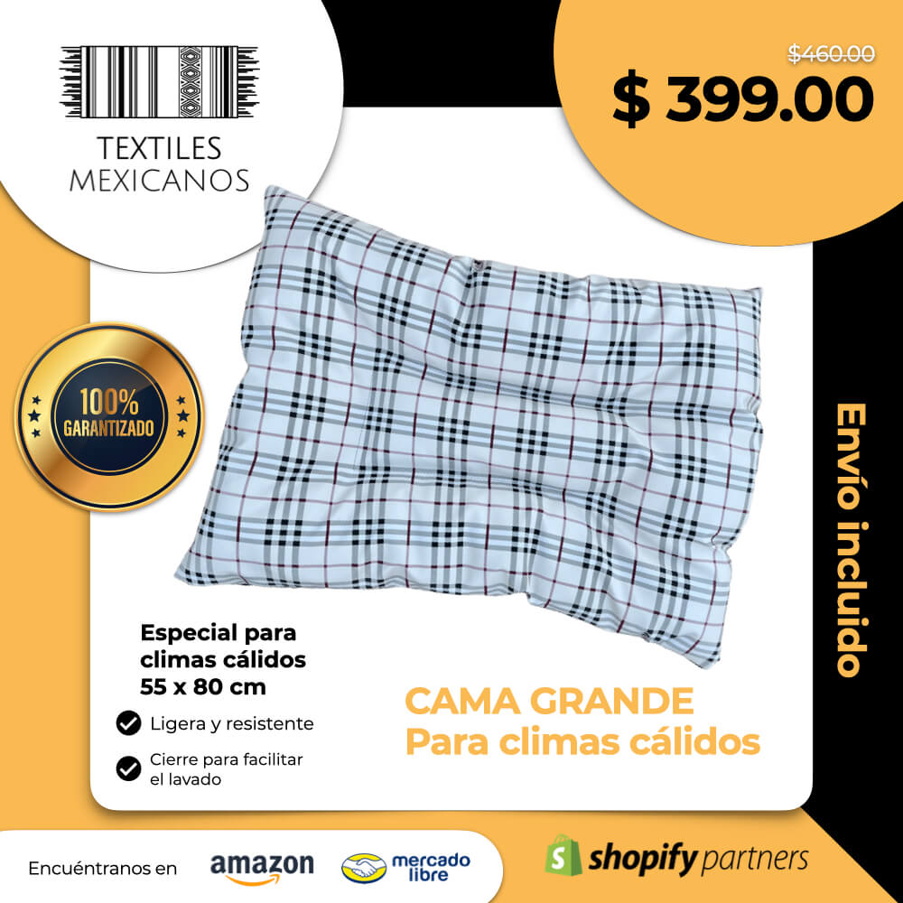 Cama GRANDE Fresca, Para Climas Cálidos, elaborada con tela tipo Loneta arriba y con tela impermeable abajo, para todo tipo de mascotas, Extra comfort Lavable, ligera y resistente (60 x 80 cm)