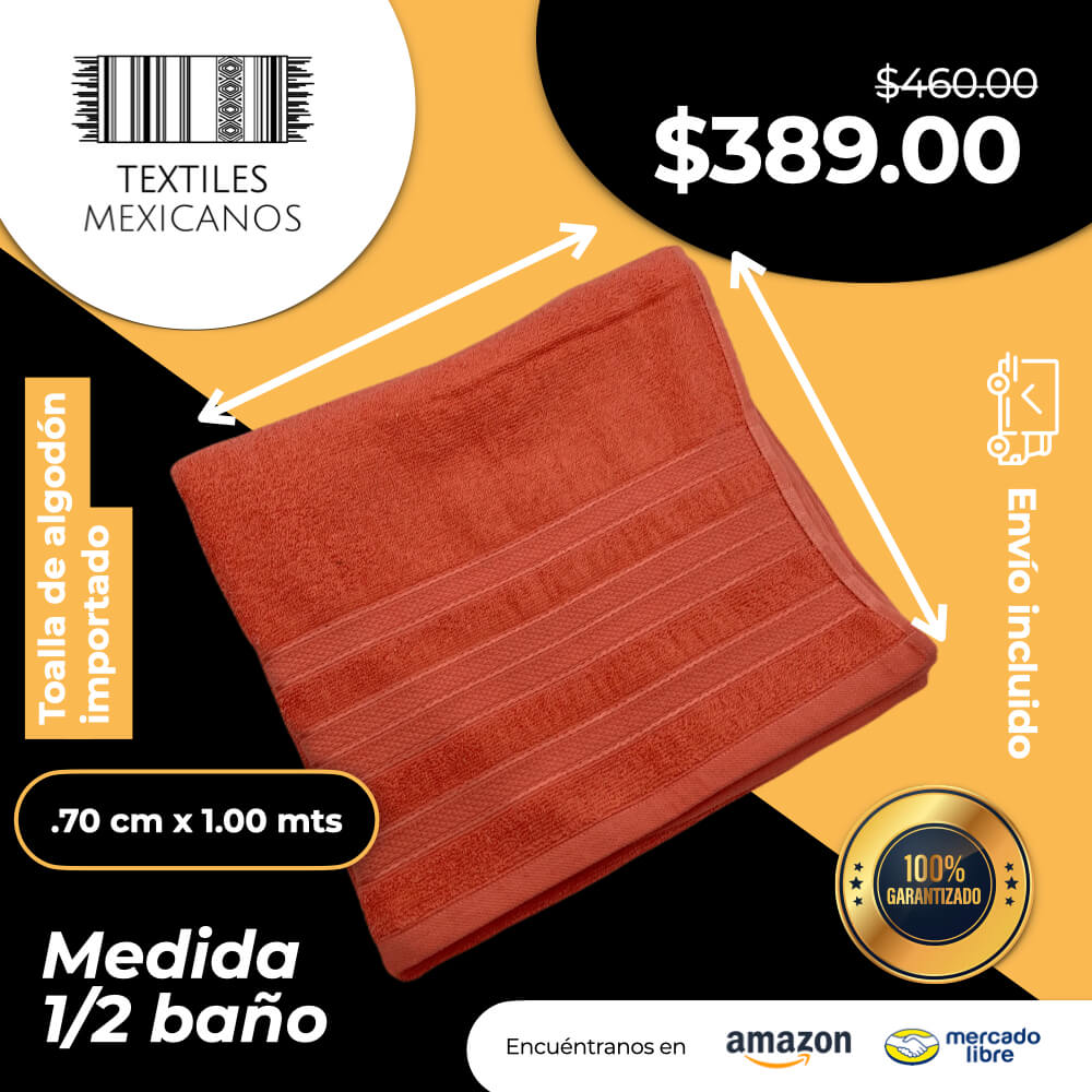 Toalla de algodón importado en medida "1/2 baño" es súper suave y absorbente, tamaño de .70 cm x 1.00 mts
