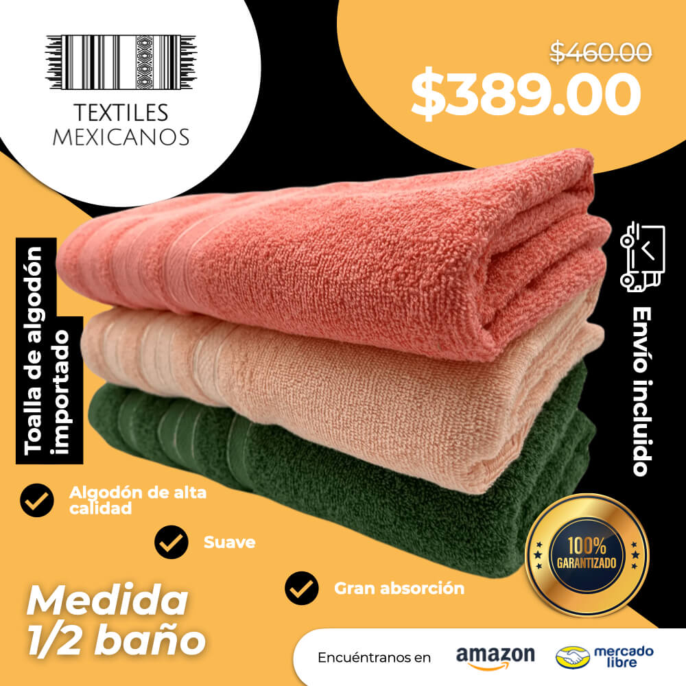 Toalla de algodón importado en medida "1/2 baño" es súper suave y absorbente, tamaño de  .70 cm x 1.00 mts