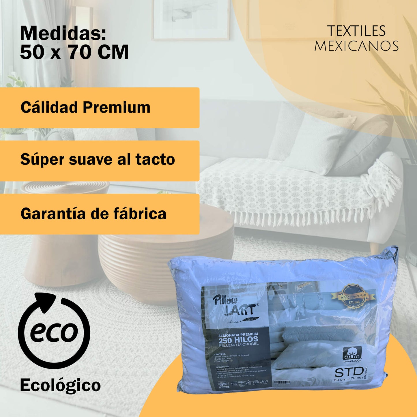 Almohada Premium con relleno de Microgel 250 hilos de algodón STD 50 x 70 cm.
