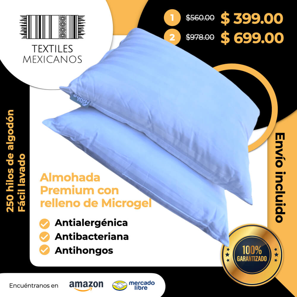 Almohada Premium con relleno de Microgel 250 hilos de algodón STD 50 x 70 cm.