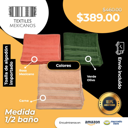 Toalla de algodón importado en medida "1/2 baño" es súper suave y absorbente, tamaño de .70 cm x 1.00 mts